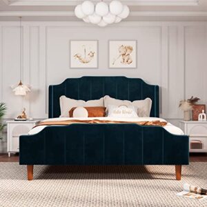 allewie queen size velvet bed frame upholstered platform bed with vertical headboard and footboard, solid wood leg and strong slats support, no box spring needed, easy assembly, blue