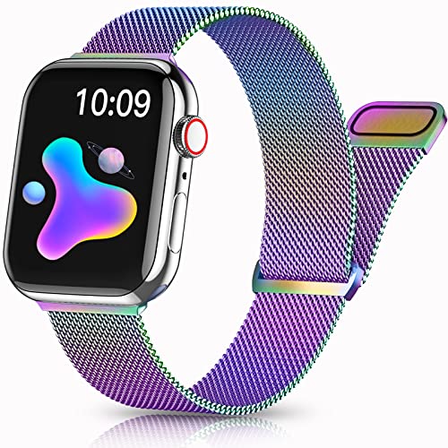 Rabini Metal Magnetic Band Compatible with Apple Watch 38mm 40mm 41mm 42mm 44mm 45mm 49mm, Rainbow Stainless Steel Mesh Loop Bands for iWatch SE Ultra Series 8 7 6 5 4 3 2 1 Women Men, Multicolor