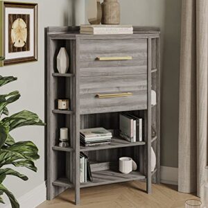 BELLEZE Corner Cabinet with USB Ports and Outlets, Corner Table with 2 Storage Drawers and 10 Shelves, Store and Organize Home Furniture for Bedroom, Living Room Small Space - Sonoma (Gray)