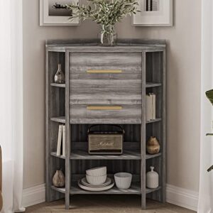 BELLEZE Corner Cabinet with USB Ports and Outlets, Corner Table with 2 Storage Drawers and 10 Shelves, Store and Organize Home Furniture for Bedroom, Living Room Small Space - Sonoma (Gray)