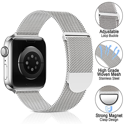 Sunnywoo Metal Stainless Steel Band Compatible with Apple Watch Bands 38mm 40mm 41mm 42mm 44mm 45mm 49mm,Silver Loop Adjustable Magnetic Strap for iWatch Series Ultra 8 7 6 5 4 3 2 1 SE for Women Men