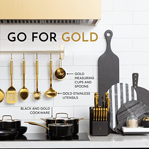 Black and Gold Knife Set with Block - 14 Piece Gold Knife Set with Sharpener Includes Full Tang Gold Knives and Self Sharpening Knife Block Set - Black and Gold Kitchen Accessories, Gold Kitchen Decor