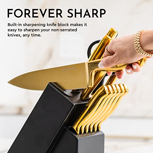 Black and Gold Knife Set with Block - 14 Piece Gold Knife Set with Sharpener Includes Full Tang Gold Knives and Self Sharpening Knife Block Set - Black and Gold Kitchen Accessories, Gold Kitchen Decor