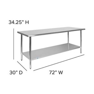 Flash Furniture Stainless Steel 18 Gauge Prep and Work Table with Undershelf - NSF Certified - 72" W x 30" D x 34.5" H