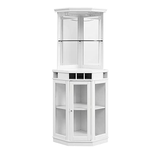 ome Source Dining Room or Lounge Corner Bar Cabinet for Liquor and Glasses with Wood Frame and Wine Rack