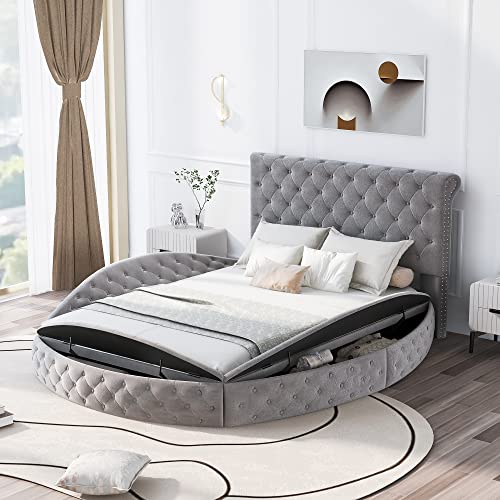 Queen Size Round Bed Frame with Storage Ottoman, Upholstered Low Storage Bed Frame, Velvet Tufted Queen Platform Bed with Headboard, Grey