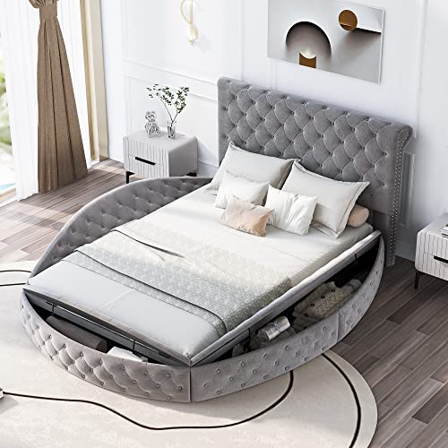 Queen Size Round Bed Frame with Storage Ottoman, Upholstered Low Storage Bed Frame, Velvet Tufted Queen Platform Bed with Headboard, Grey