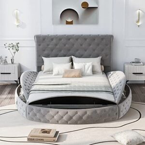 Queen Size Round Bed Frame with Storage Ottoman, Upholstered Low Storage Bed Frame, Velvet Tufted Queen Platform Bed with Headboard, Grey