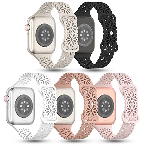 TSAAGAN 5 Pack Lace Silicone Bands Compatible for Apple Watch Band 38mm 40mm 41mm 42mm 44mm 45mm 49mm, Slim Hollow-out Breathable Sport Thin Strap for iWatch Ultra Series 8/7/SE/6/5/4/3/2/1 Women Men