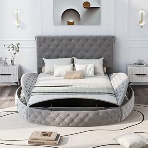 softsea upholstered queen bed frame with storage space on 3 sides, round-shaped bed with high headboard velvet platform bed frame(gray, queen)