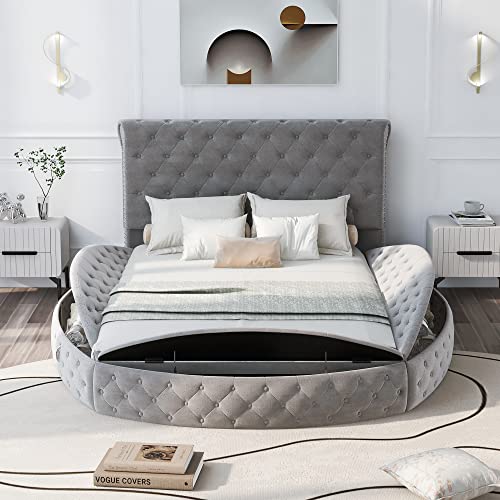 SOFTSEA Upholstered Queen Bed Frame with Storage Space on 3 Sides, Round-Shaped Bed with High Headboard Velvet Platform Bed Frame(Gray, Queen)