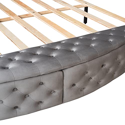 SOFTSEA Upholstered Queen Bed Frame with Storage Space on 3 Sides, Round-Shaped Bed with High Headboard Velvet Platform Bed Frame(Gray, Queen)