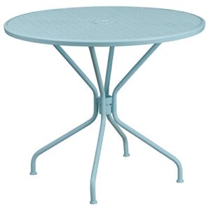 Flash Furniture Commercial Grade 35.25" Round Sky Blue Indoor-Outdoor Steel Patio Table with Umbrella Hole