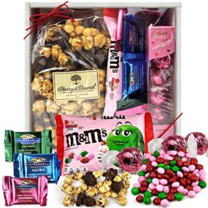mother’s day candy chocolate gift box – deluxe edition valentines chocolate with harry david popcorn, ghirardelli lindt strawberry cream truffles, m and m white chocolate strawberry shake heart box