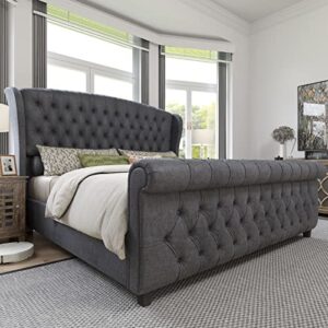amerlife queen size platform bed frame, velvet upholstered sleigh bed with scroll wingback headboard & footboard/button tufted/no box spring required/grey