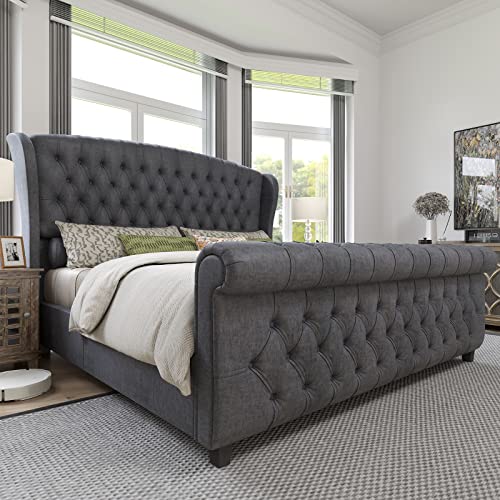 AMERLIFE Queen Size Platform Bed Frame, Velvet Upholstered Sleigh Bed with Scroll Wingback Headboard & Footboard/Button Tufted/No Box Spring Required/Grey