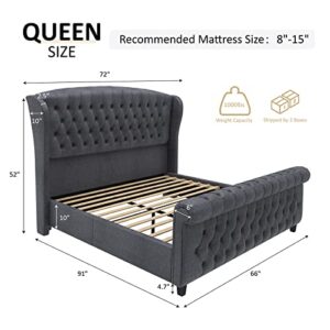 AMERLIFE Queen Size Platform Bed Frame, Velvet Upholstered Sleigh Bed with Scroll Wingback Headboard & Footboard/Button Tufted/No Box Spring Required/Grey