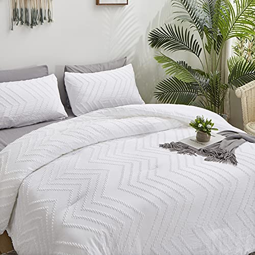 Wellboo White Tufted Comforter Sets King Embroidery Shabby Chic Bedding Comforter Sets Warm Soft Women Men Adult Broken Line Tufted Blankets Hotel Farmhouse Dorm Durable Quilts for All Seasons 3 PCS