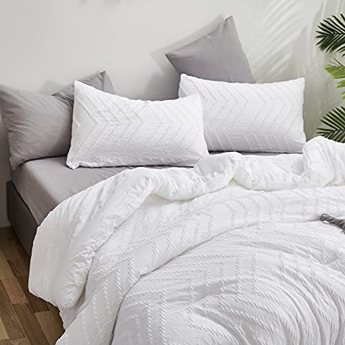 Wellboo White Tufted Comforter Sets King Embroidery Shabby Chic Bedding Comforter Sets Warm Soft Women Men Adult Broken Line Tufted Blankets Hotel Farmhouse Dorm Durable Quilts for All Seasons 3 PCS