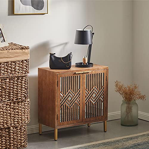 LONYKE Mid Century Modern Dresser, 2 Door Accent Cabinet Woven with Mirror Fronts Clean-Lined Silhouette, Natural