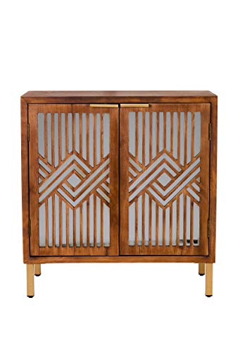 LONYKE Mid Century Modern Dresser, 2 Door Accent Cabinet Woven with Mirror Fronts Clean-Lined Silhouette, Natural