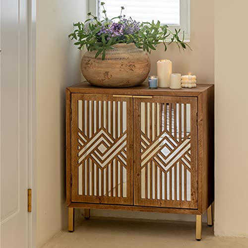 LONYKE Mid Century Modern Dresser, 2 Door Accent Cabinet Woven with Mirror Fronts Clean-Lined Silhouette, Natural