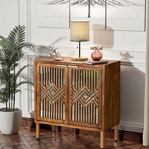 LONYKE Mid Century Modern Dresser, 2 Door Accent Cabinet Woven with Mirror Fronts Clean-Lined Silhouette, Natural