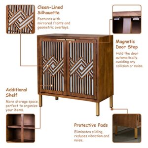 LONYKE Mid Century Modern Dresser, 2 Door Accent Cabinet Woven with Mirror Fronts Clean-Lined Silhouette, Natural