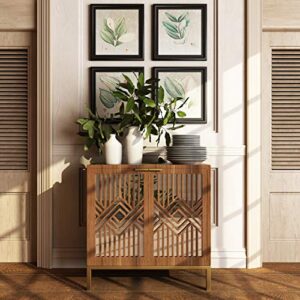 LONYKE Mid Century Modern Dresser, 2 Door Accent Cabinet Woven with Mirror Fronts Clean-Lined Silhouette, Natural