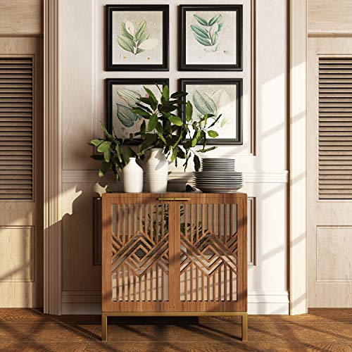 LONYKE Mid Century Modern Dresser, 2 Door Accent Cabinet Woven with Mirror Fronts Clean-Lined Silhouette, Natural