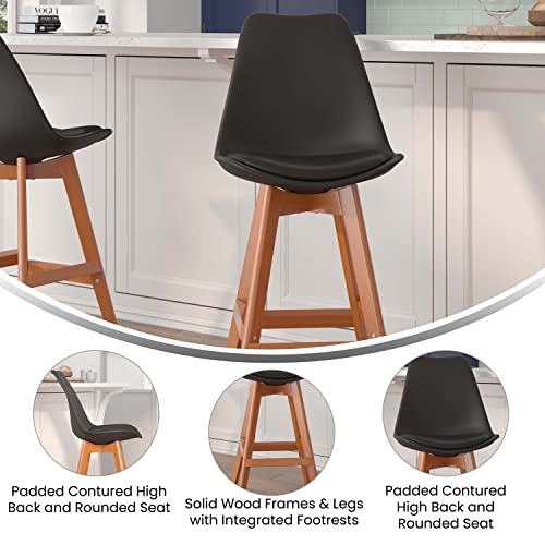 Flash Furniture Dana Set of 2 Modern Commercial Counter Stools - Black Plastic Backrest - LeatherSoft Padded Seat - 27 Inch Counter Stools - Walnut Finish Wood Frame