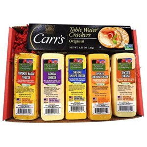 wisconsin cheese company’s – specialty cheese and cracker gift basket. 100% wisconsin cheese – 5-4oz. cheese blocks, smoked cheddar cheese, salami cheddar cheese, swiss cheese, gouda cheese, tomato basil cheddar cheese & 1-4.25oz water crackers. great for