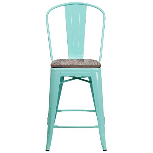 Flash Furniture 4 Pk. 24" High Mint Green Metal Counter Height Stool with Back and Wood Seat