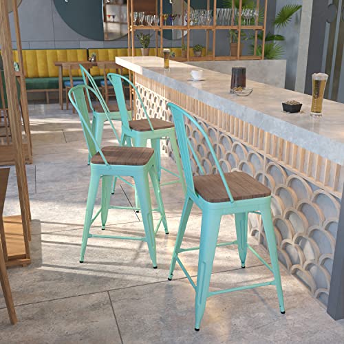 Flash Furniture 4 Pk. 24" High Mint Green Metal Counter Height Stool with Back and Wood Seat