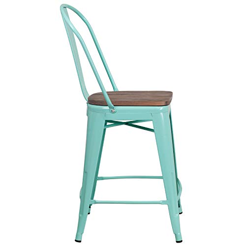 Flash Furniture 4 Pk. 24" High Mint Green Metal Counter Height Stool with Back and Wood Seat