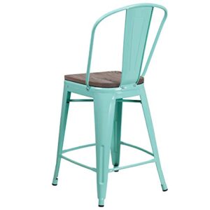 Flash Furniture 4 Pk. 24" High Mint Green Metal Counter Height Stool with Back and Wood Seat