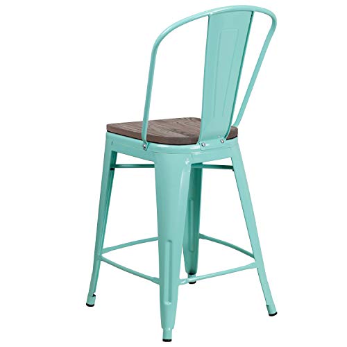 Flash Furniture 4 Pk. 24" High Mint Green Metal Counter Height Stool with Back and Wood Seat