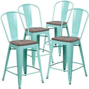 Flash Furniture 4 Pk. 24" High Mint Green Metal Counter Height Stool with Back and Wood Seat