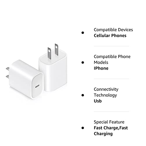 for iPhone Charger USB-C Power Adapter : 20W 2 Packs USB C Wall Charger, Fast Charging Type C Chargers Block Compatible with iPhone 14/13/12/11/Ipad/Ipad Pro