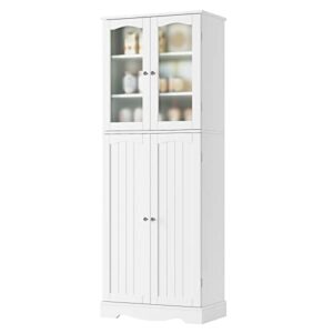 HORSTORS 64" Kitchen Pantry Cabinet, Modern Tall Cabinet with Glass Doors and Adjustable Shelves, Freestanding Utility Storage Cabinet Cupboard for Kitchen, Living Room, Dining Room, White