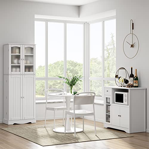 HORSTORS 64" Kitchen Pantry Cabinet, Modern Tall Cabinet with Glass Doors and Adjustable Shelves, Freestanding Utility Storage Cabinet Cupboard for Kitchen, Living Room, Dining Room, White