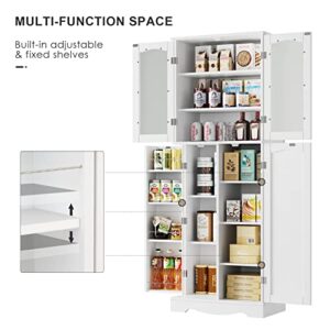 HORSTORS 64" Kitchen Pantry Cabinet, Modern Tall Cabinet with Glass Doors and Adjustable Shelves, Freestanding Utility Storage Cabinet Cupboard for Kitchen, Living Room, Dining Room, White
