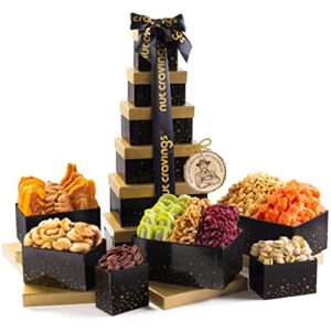 Easter Dried Fruit & Mixed Nuts Gift Basket Black Tower + Ribbon (12 Assortments) Gourmet Food Bouquet Arrangement Platter, Birthday Care Package, Healthy Kosher Snack Box, Adults Men Women