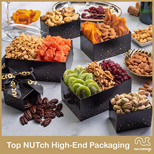 Easter Dried Fruit & Mixed Nuts Gift Basket Black Tower + Ribbon (12 Assortments) Gourmet Food Bouquet Arrangement Platter, Birthday Care Package, Healthy Kosher Snack Box, Adults Men Women