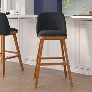 flash furniture julia set of 2 transitional bar stools – gray faux linen upholstery – silver nailhead trim – 30 inch – walnut finish wood frames