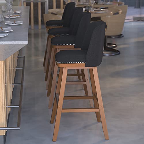 Flash Furniture Julia Set of 2 Transitional Bar Stools - Gray Faux Linen Upholstery - Silver Nailhead Trim - 30 Inch - Walnut Finish Wood Frames