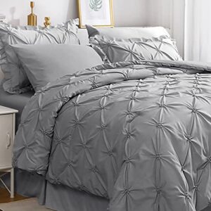 jollyvogue queen comforter set 8 pieces, pintuck gray bed in a bag comforter set for bedroom, beddding sets with comforter, sheets, bed skirt, ruffled shams & pillowcases