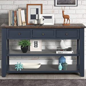 48” solid wood console table, modern entryway sofa side table with 3 storage drawers and 2 shelves. easy to assemble (blue)