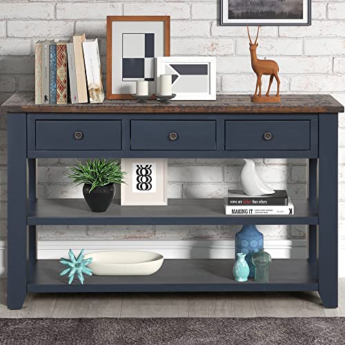 48'' Solid Wood Console Table, Modern Entryway Sofa Side Table with 3 Storage Drawers and 2 Shelves. Easy to Assemble (Blue)