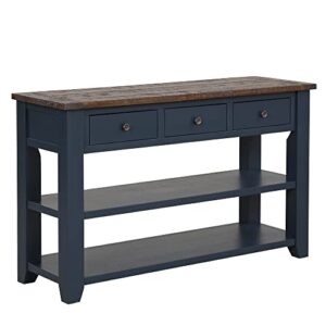 48'' Solid Wood Console Table, Modern Entryway Sofa Side Table with 3 Storage Drawers and 2 Shelves. Easy to Assemble (Blue)